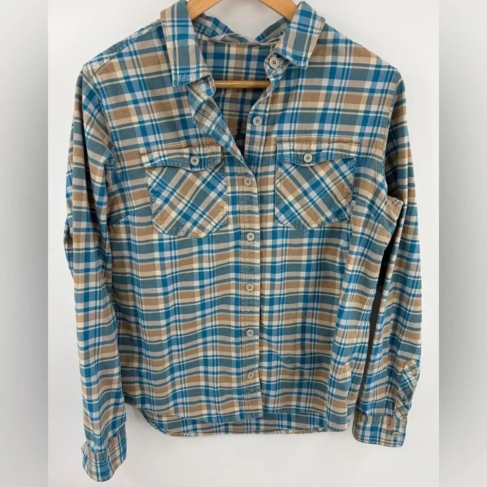 Stio women’s midweight tan blue flannel long sleeve plaid shirt size L